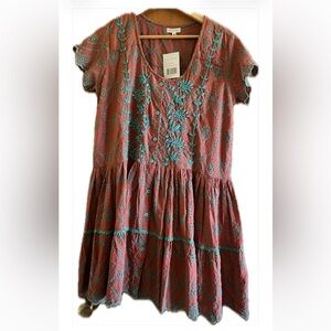 Moda Posa Simonetta Rust Mini Dress with Teal Floral Embroidery